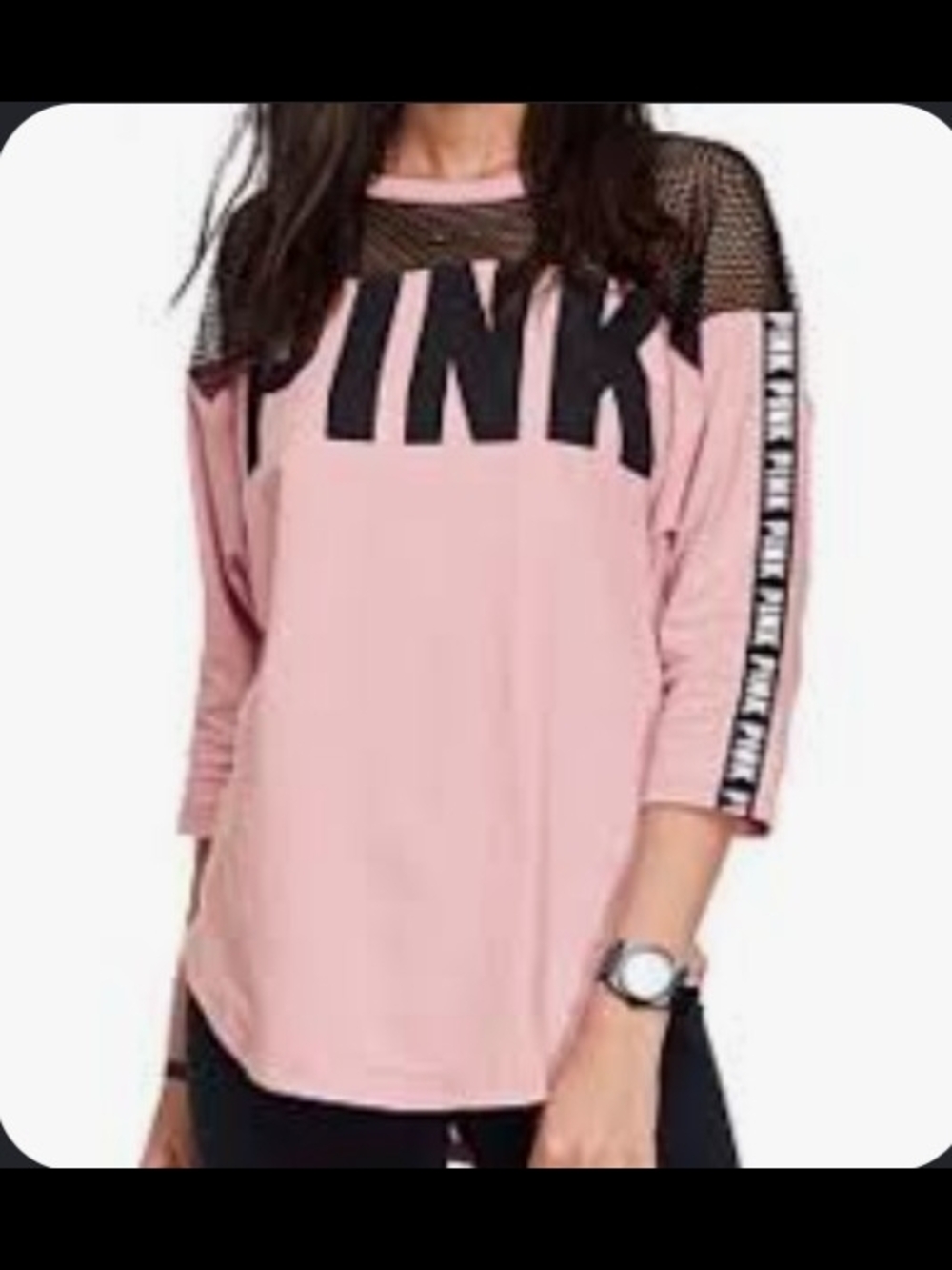 PINK Victoria's Secret Women’s Pink Mesh Boyfriend Jersey 3/4 Sleeve Top